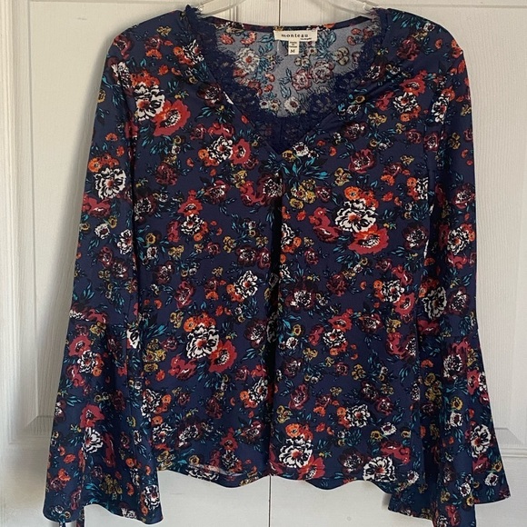 Monteau Boho Blouse Floral Long Bell Sleeve Blue‎ M Women’s Top - Picture 1 of 6